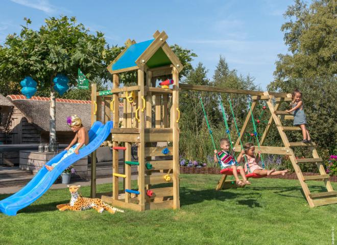Jungle Gym Kids Wooden Climbing Frame with Rock Wall Steps Slide Swings The Sunnyvale 